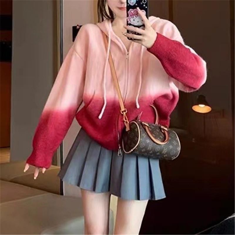 

Осень и зима новый тай-дай постепенный переход цвета мягкий восковой с капюшоном верхняя одежда вязаный кардиган женский свободный ленивый свитер куртка топ one size fits all красный