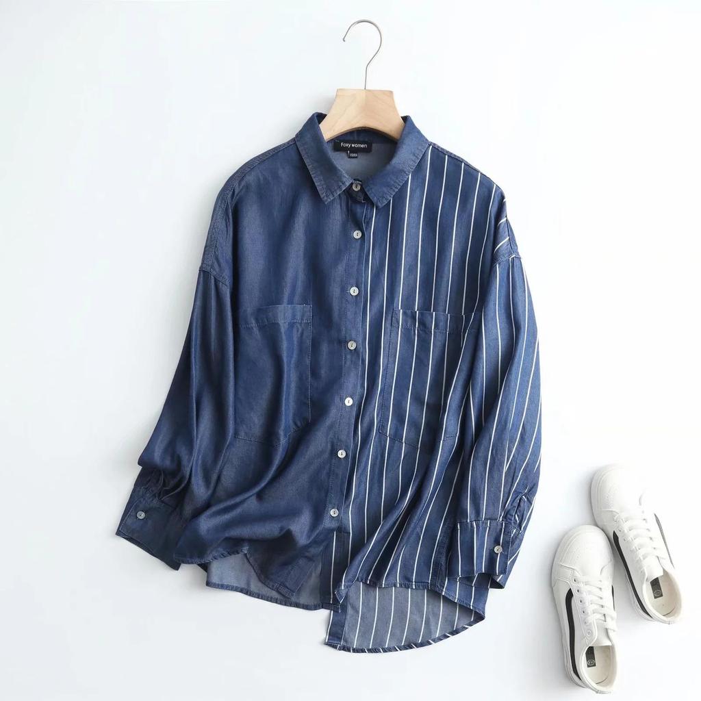 Summer Striped Patchwork Women Long Sleeve Shirt Work Casual Loose Pullovers Oversized