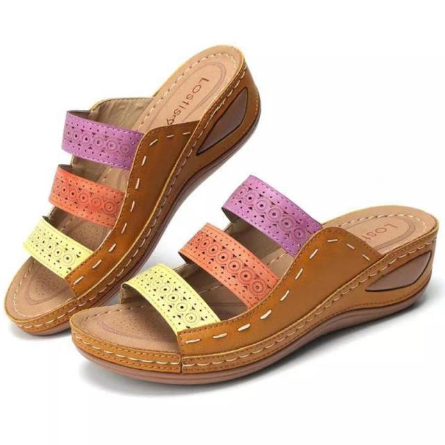 Sandale cu pană pentru femei de vară noi Sandale ortopedice premium cu vârf deschis, din piele, anti-alunecare, ocazional, pantofi retro pentru femei