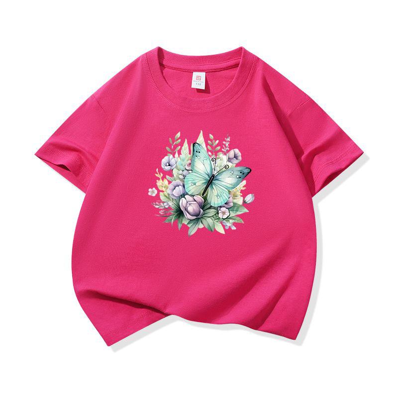 Kids Cotton T Shirt Mint Butterfly With Purple Flowers Print Crew Neck Short Sleeve Tee Casual Boys Girls Summer Tops
