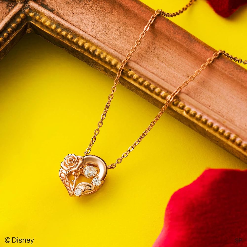 [White Clover] Beauty and the Beast” Disney Princess Silver 925 Cubic Zirconia Heart Rose Pink Go...