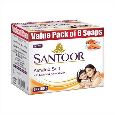 Santoor Sandalwood and Almond Milk Organic Soft Bath Soap for Softer, Smoother and Moisturised Skin, Combo Offer 150 G Pack of 6