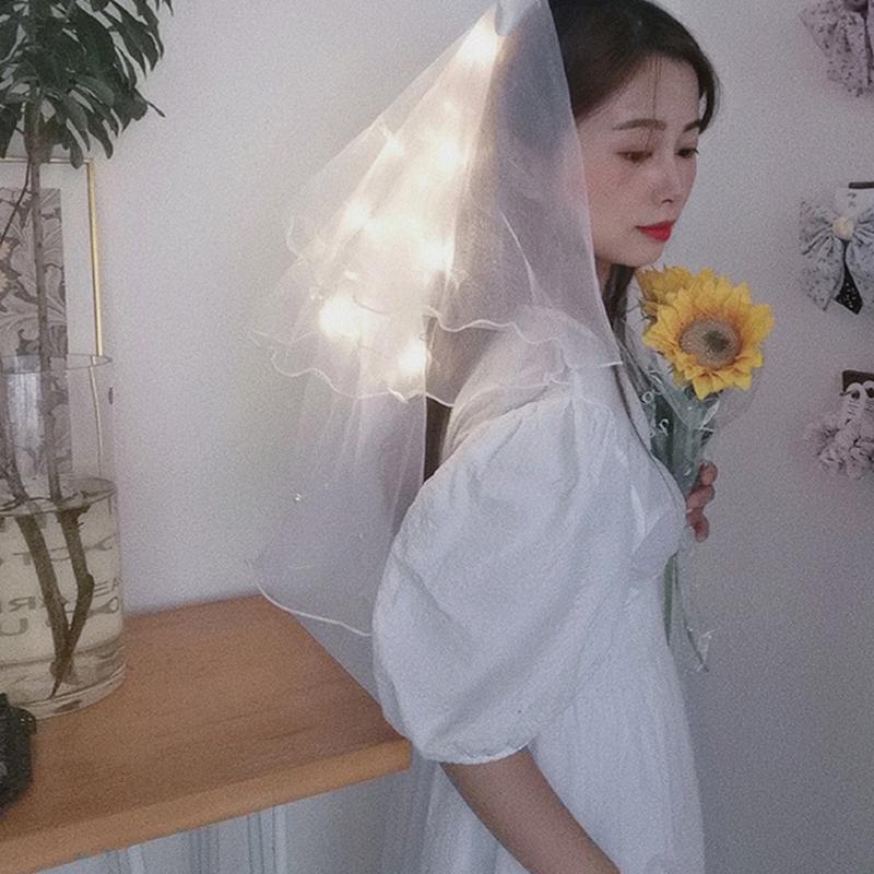 Hochzeit Schleier mit Clip/Kamm Haarschmuck für Bräute Mädchen Tüllschleier mit Rand und Lichterkette 8 Farben