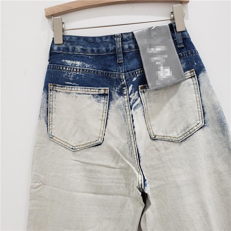 Gerade beschichtete Jeans Damen Herbst Neu High Street Tie-Dye Hohe Taille und Dünnes Weites Bein Bodenlange Hose Trendige Marke