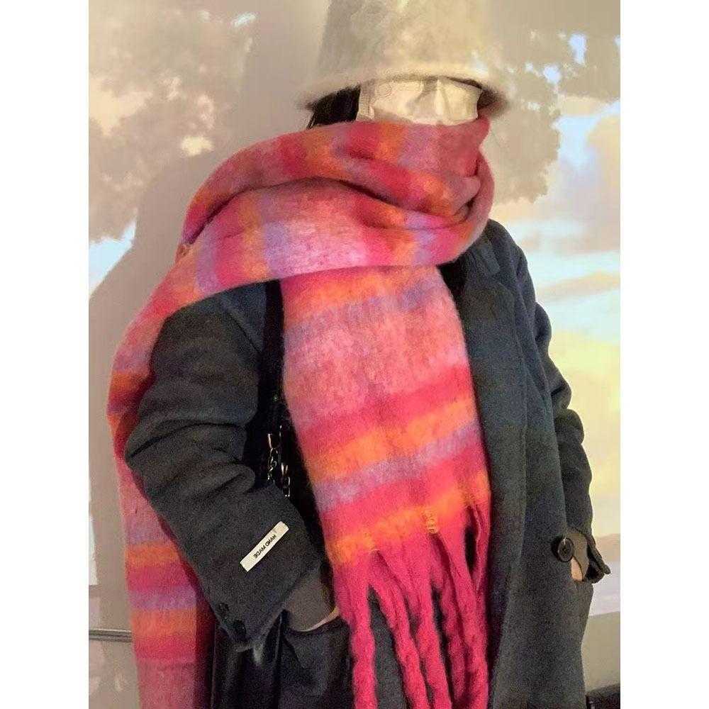 Warm Winter Cashmere Scarf Stripe Pattern Thickened Shawl Wrap Retro Long Tassel Scarves  Women