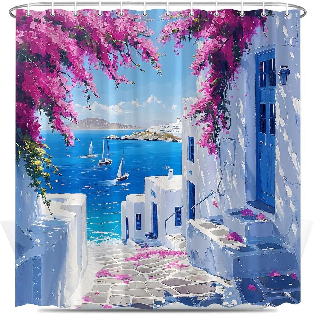 Greek Alley Shower Curtain Whitewashed Walls Terracotta Pots Flowers Polyester Machine Washable With 12 Hooks For Bathroom Decor