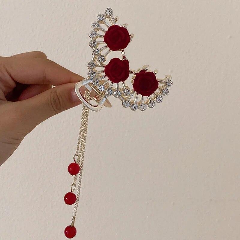 Vintage Velvet Red Rose Hair Claws For Women Luxury Metal Clamp Clip Barrettes Hairpins New Rhinestone Hair Accessories Headwear