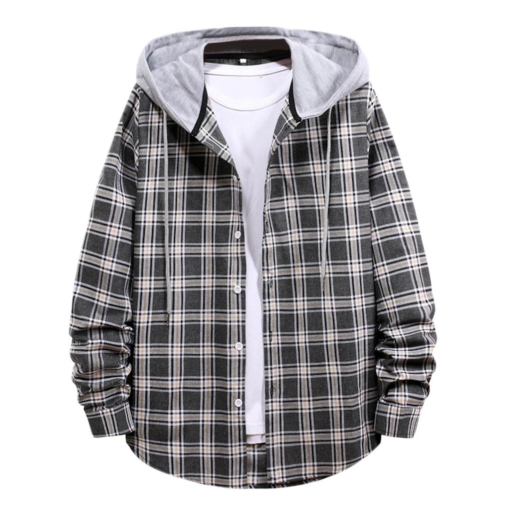 Men Casual Plaid Shirt Hooded Shirts Oversized Casual Shirt Men's Clothes European American Style Handsome Holiday Checked Shirt