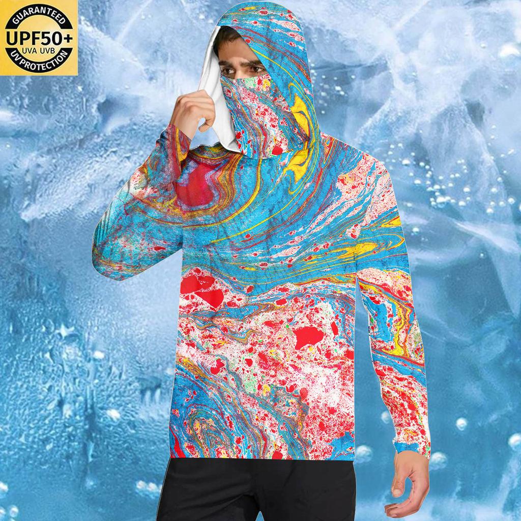 Long Sleeve Hooded Pullover with Face Covering Abstract Printed Lightweight Breathable Fabric for Men and Women