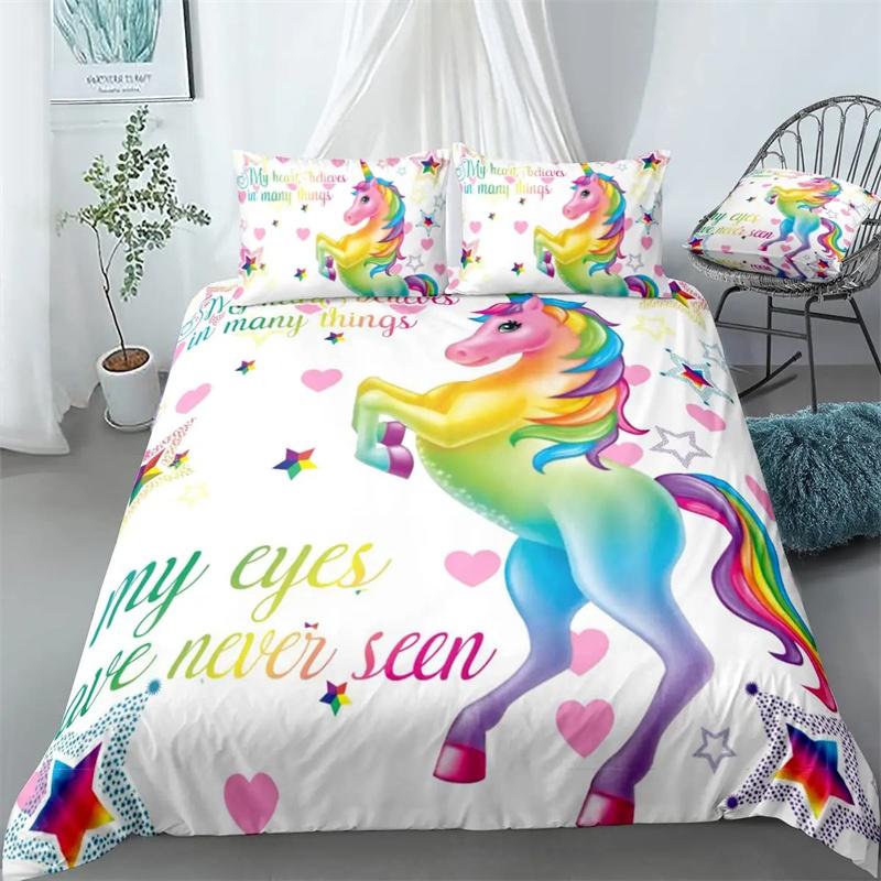 

Rainbow Unicorn Bedding Set for Girls Purple Dream Duvet Cover Cute Cartoon Unicorn Print Bedding Home Decor Gift 135x200cm 2pcs