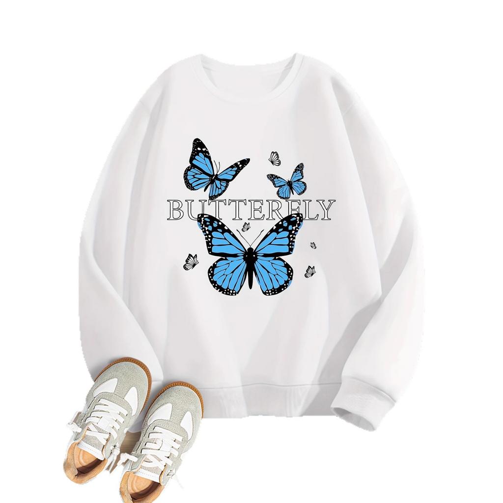 Girls' Cute Three-blue-butterfly-patterned Hoodie for Autumn Children's Casual Hoodie