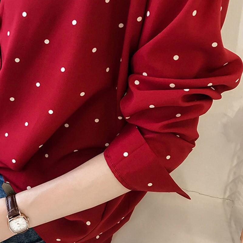 Women Polka Dot Printed Chiffon Blouse Long Sleeves Tops