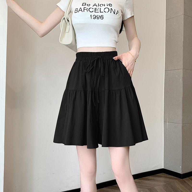 

Small High Waist Cotton Linen Cropped Pants Skirt for Women Loose Slim Looking A- line Wide Leg Pants Drape Pleated Ice Silk Shorts Summer Black XL