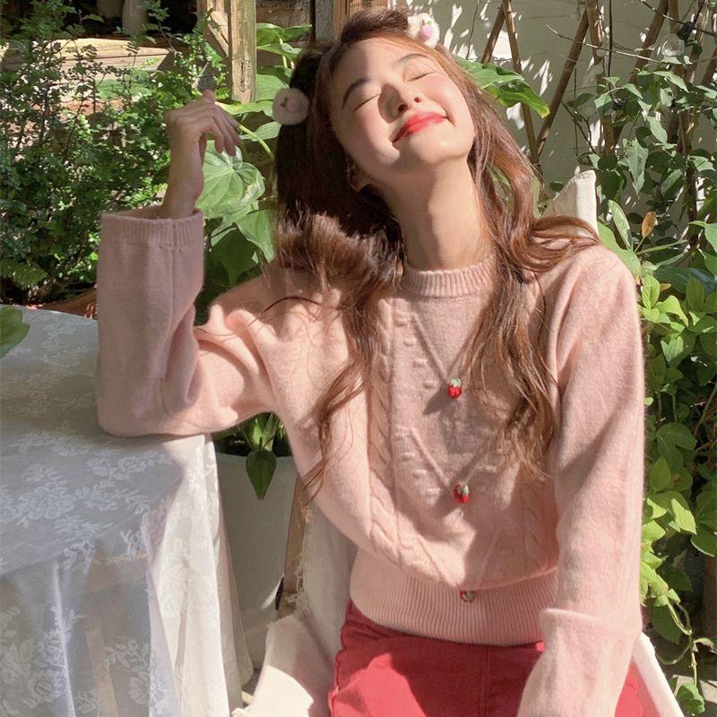 Sweet Girl Pink Little Strawberry Sweater Base with Soft Waxy Round Neck Long Sleeve Pullover Sweater Top