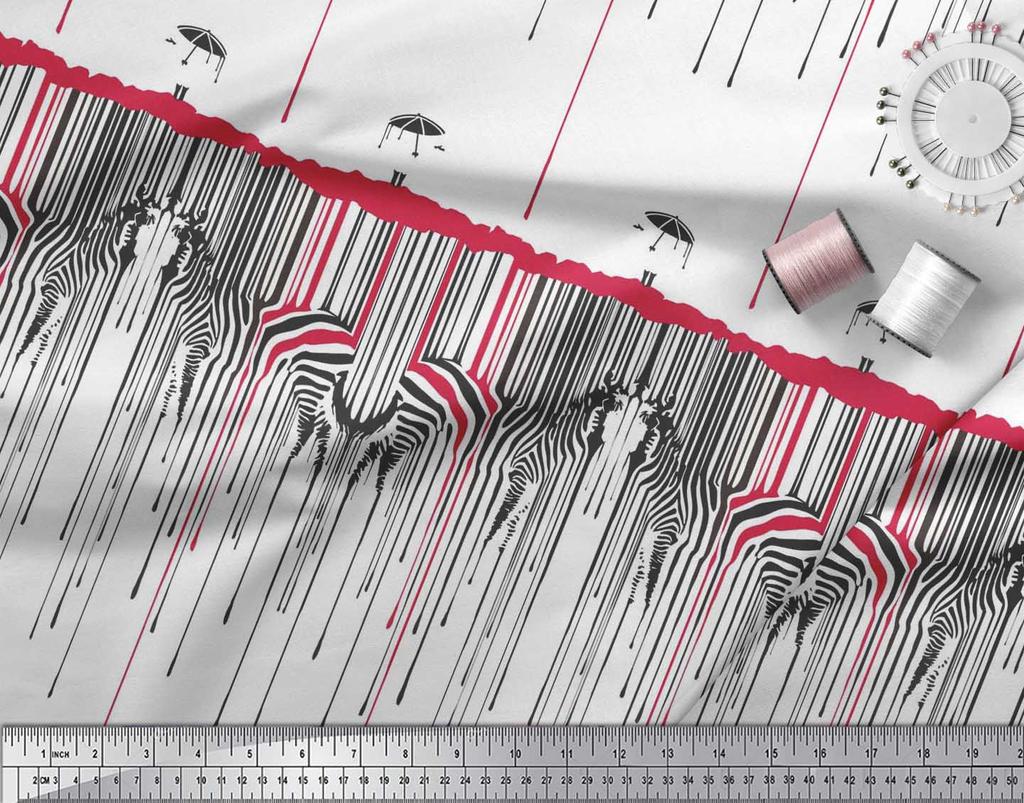 Soimoi Japan Crepe Satin Fabric Umbrella & Zebra Animal Skin Print Fabric by the metre 42 Inch