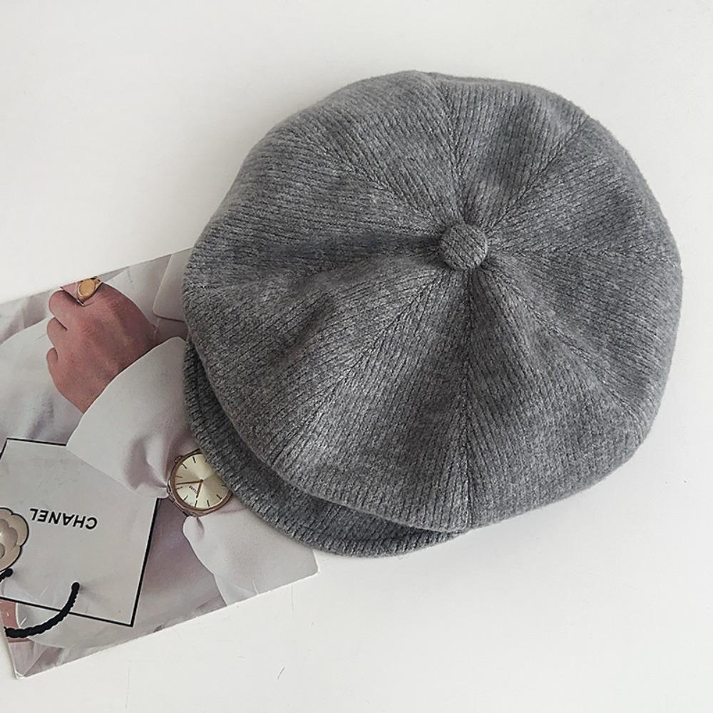Simple Solid Color Japanese Retro Berets Knitted Warm Baseball Caps Autumn Winter Cap Windproof Octagonal Hat Outdoor
