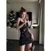 French retro floral suspender vest dress women's summer black slim and thin sexy hottie hip skirt