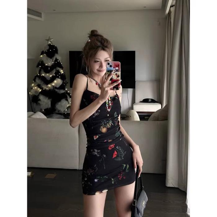 French retro floral suspender vest dress women s summer black slim and thin sexy hottie hip skirt S