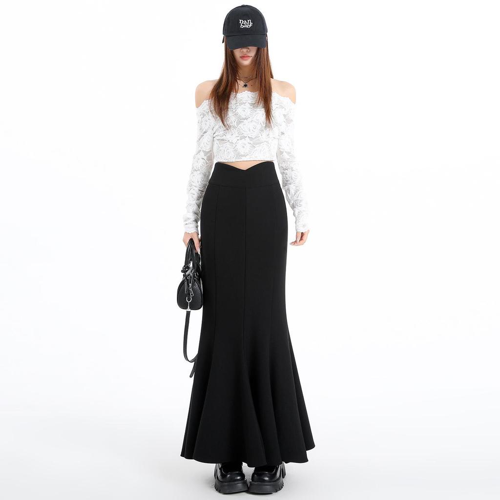 Women's Spring High Waist Elastic Fishtail Long A-line Skirt - Slimming, Large Hem, Hip-Hugging Design