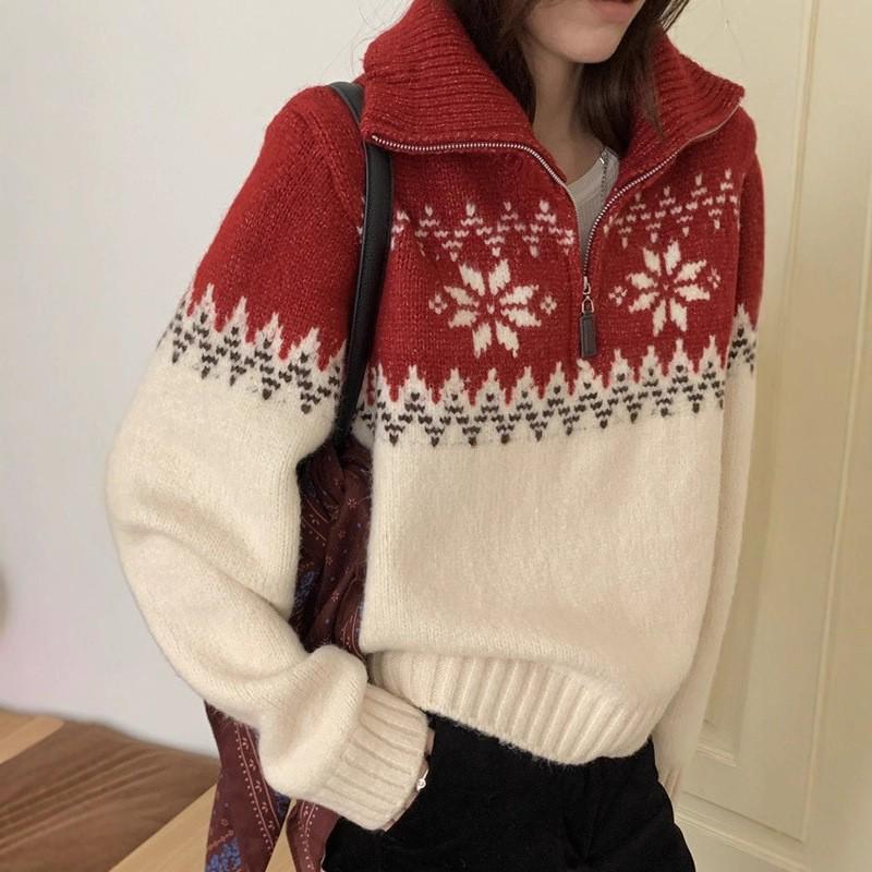 

Женский ретро-свитер в корейском стиле с молнией до середины, узором Fair Isle, цветовыми блоками и снежинками One Size (Fits 80-120 kg) красный