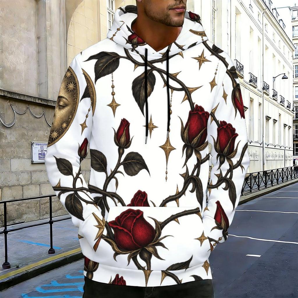 Men s Plus Size Long Sleeve Drawstring Hoodie Black Rose Gold Moon Star Printed White Kangaroo Pocket Pullover
