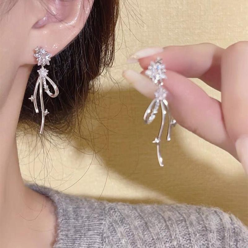 Y2K Korean Star Tassel Heart Opal Hanging Earrings Cross Star Love Long Dangle Earring Elegant Aesthetic Heart Drop Earrings