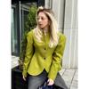 2026 Autumn Women Blazer V Neck Collarless Long Sleeve Hollow Metal Button Cinched Waist Green Tailored Jacket