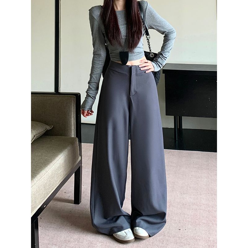 Kumikumi Pure Color High Waist Loose Casual Pants Loose Pants Women's Clothing Fall Drape All-Matching Straight Pants Mop Pants