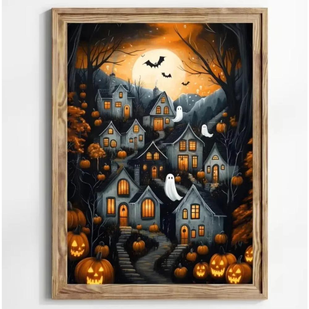 Stampa su Poster Foresta Gatto Nero Fantasma Fiori Selvatici Pittura su Tela Zucca Halloween Spettrale Arte Dark Academia Stanza Arredamento Casa