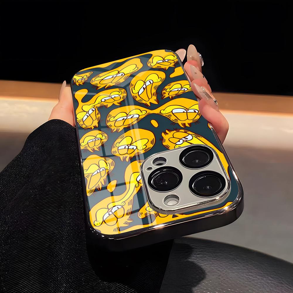 G-Garfield Phone Case Luxury Glass Phone Case For IPhone 17 16 15 14 13 12 11 Pro Max Plating Frame Cover