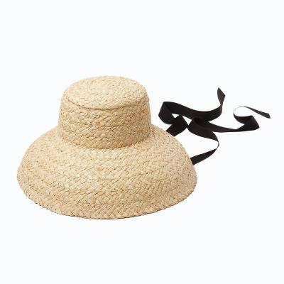 Vintage flat top sagging brim with straps, hand-woven raffia top hat, women's outdoor sunshade, sun protection, beach straw hat