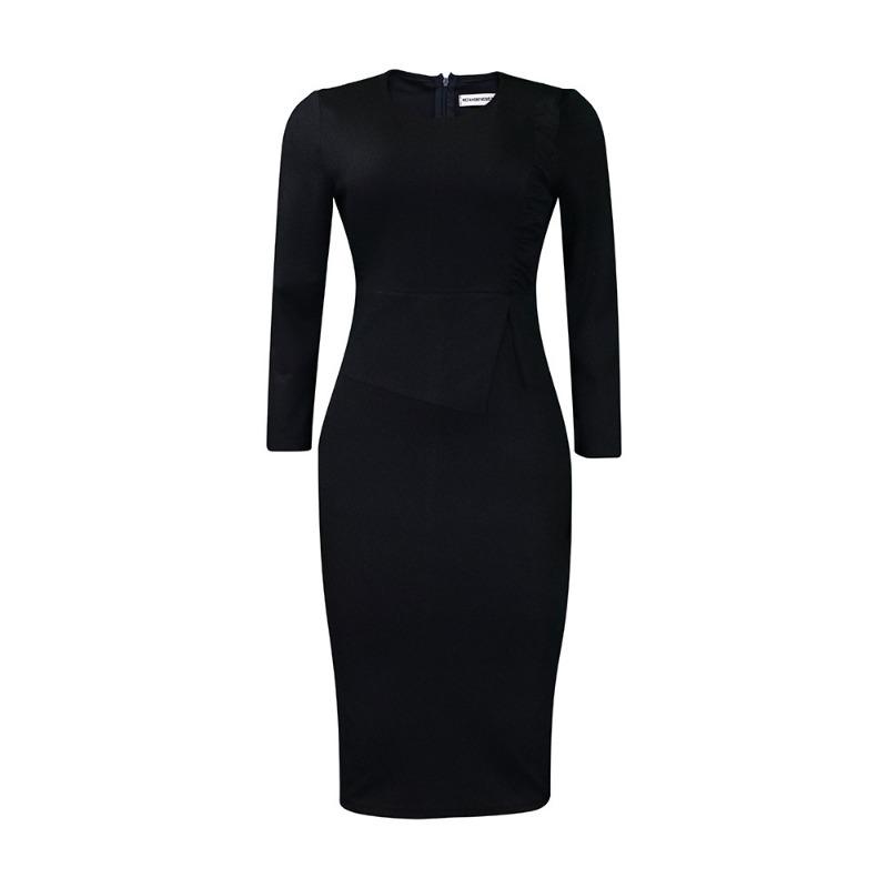 Women Elegant Office Long Sleeve High Waist Solid Bodycon Pencil Midi Dress