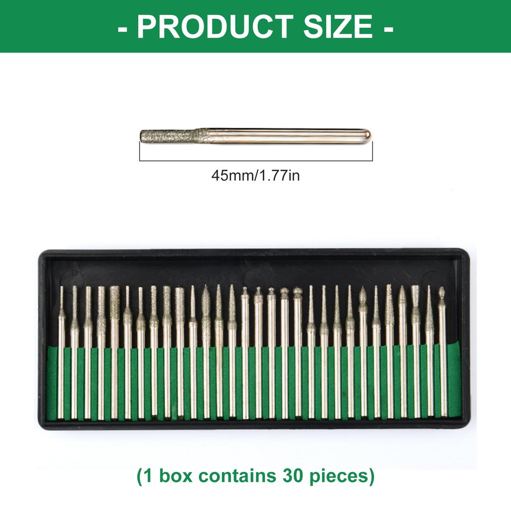 30Pcs Diamond Engraving Bits for Jewelry Stone Glass Carving High Precision Rotary Tool Burr Bit 1/8'' Shank