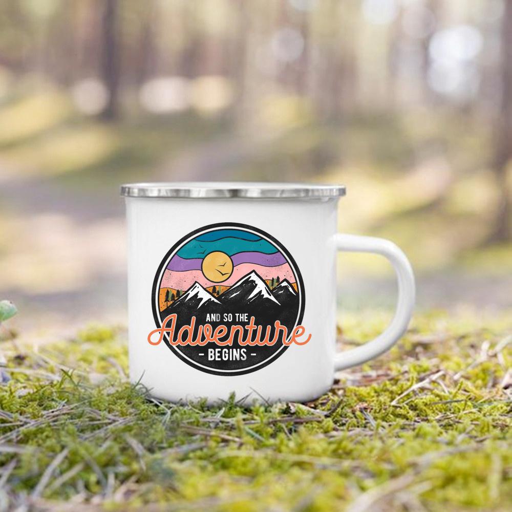 And So The Adventure Begind Printed Mug Campfire Party Beer Coffee Mugs Camping Enamel Cup Mountain Handle Cups Gifts for Camper