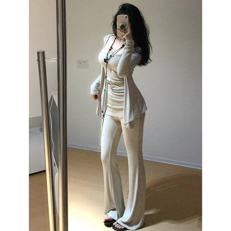 Super Beautiful Casual Gentle Suit Soft Glutinous Lazy Sling Vest Cardigan Loose Pants Three-Piece Set for Women New Arrival