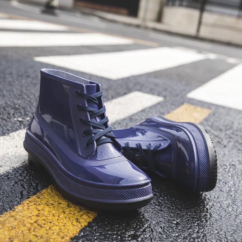 Men's Rainboots Spring Winter Rubber Shoes Men Platform Rain Boots Boy Waterproof Black Mens Ankle Boots Lace-Up Shoes