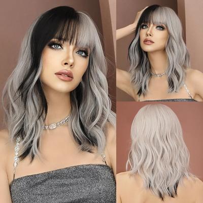 Silver Black Wavy Wig for Woman Daily Party Cosplay Middle Part Natural Synthetic Hair Wig Heat Resistant Fiber