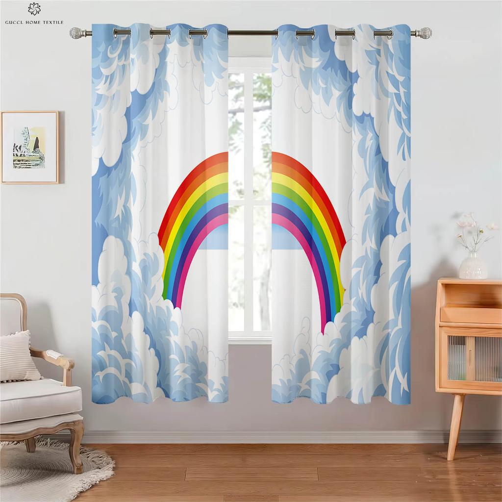 Blackout Heat Insulation Drapes Rainbow Shiny Color Gradient Print Kids Bedroom Living Room Study Decorationation