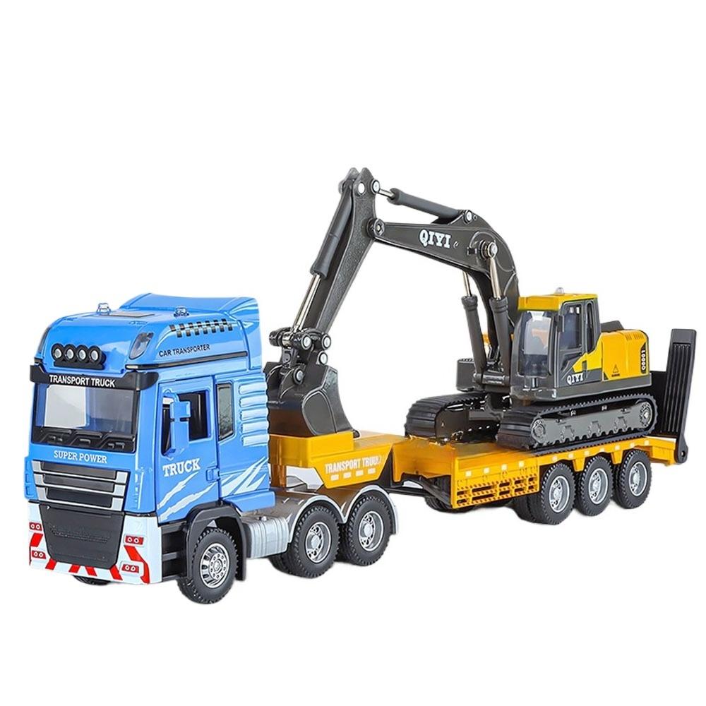 

1/48 Платформний причіп для перевезення екскаватора Модель Іграшки Металевий Литий Звук Світло Двері Відкриваються Іграшка Будівельна Техніка для Хлопчиків Подарунки синій