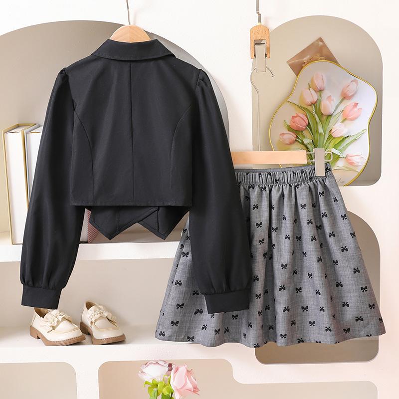 Girls' Casual Short Skirt Set, Autumn Children's Bow Pleated Skirt, Long-sleeved Suit Jacket Two-piece Set