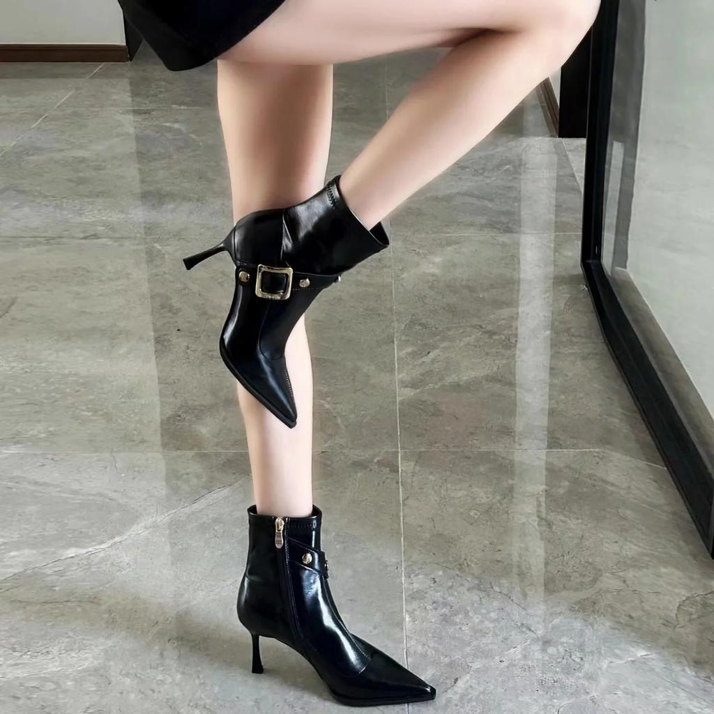 Women High Heels Boots Temperament Pointed Ankle Boot Quality High Heels Leather Boots for Women Belt Buckle Design Fashion Boot