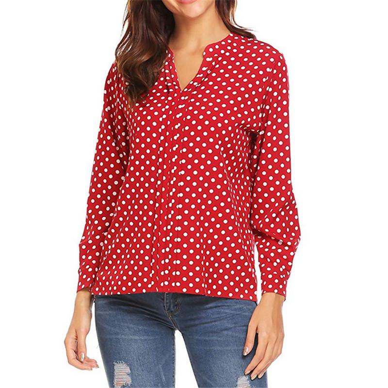 Dot Print V-neck Long Sleeved Loose Women's Blouses & Shirts