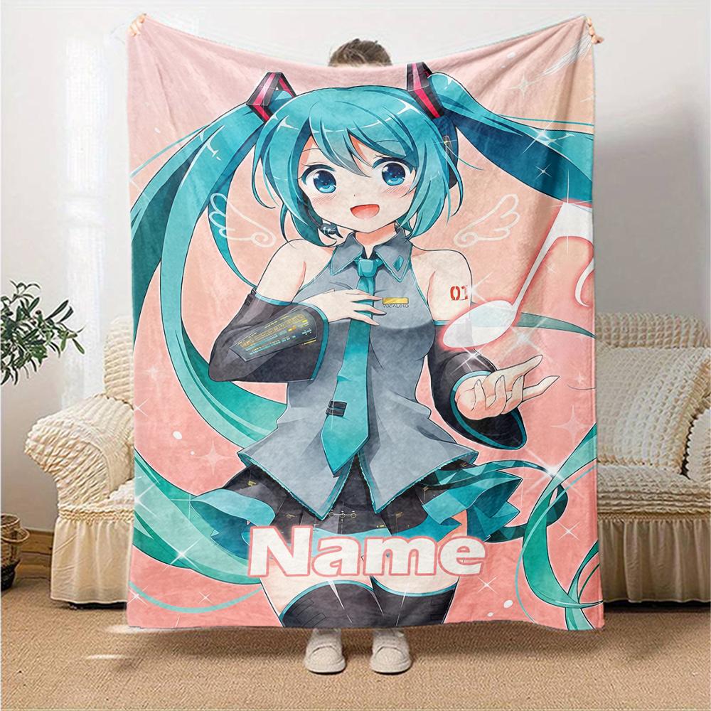 Custom Name Hatsune Miku Theme Printed Blanket - Perfect for Couch, Bed, Travel & Outdoor Use | Machine Washable, Cozy & Durable.