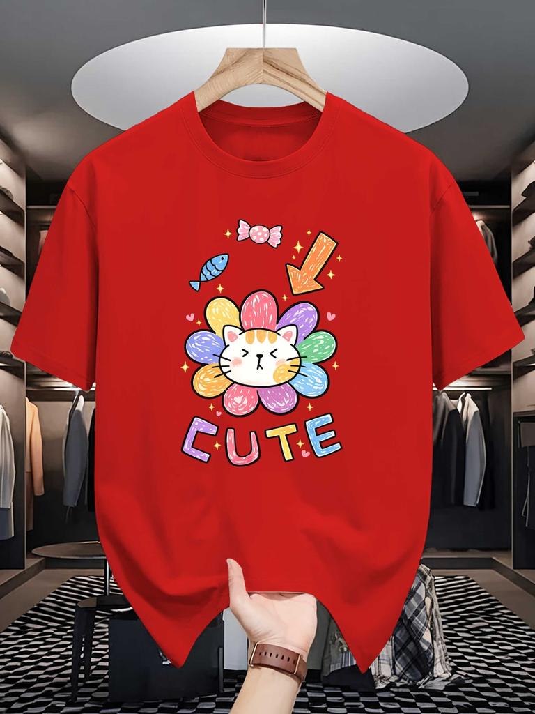 Cute Cat Unisexs Crew Neck T Shirt Rainbow Flower Kitty Candy Fish Kawaii Cartoon Colorful Letter Graphic Short Sleeve Casual Tops