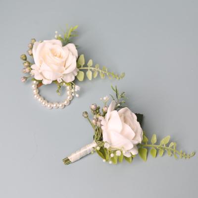 Elegante Spilla Corsage per lo Sposo Fiori per Abito da Uomo Rose Bianche Artificiali Corsage da Polso Accessori per Festa di Matrimonio