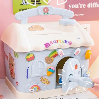 With Lock and Keys House Shape Piggy Bank Cartoon Stickers House Shape Cartoon Saving Box Large Capacity Save Money Box Gift