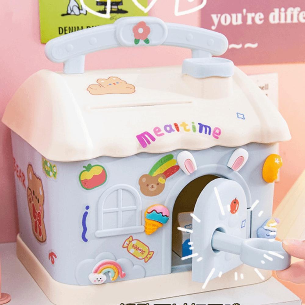 With Lock and Keys House Shape Piggy Bank Cartoon Stickers Large Capacity Cartoon Saving Box House Shape Save Money Box