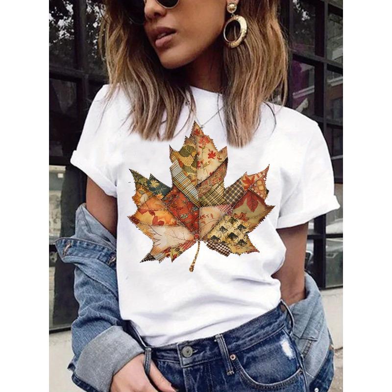 

Women s Preppy Floral Fall Leaf Print Tee Crew Neck Short Sleeve Spring Summer Casual Top S белый