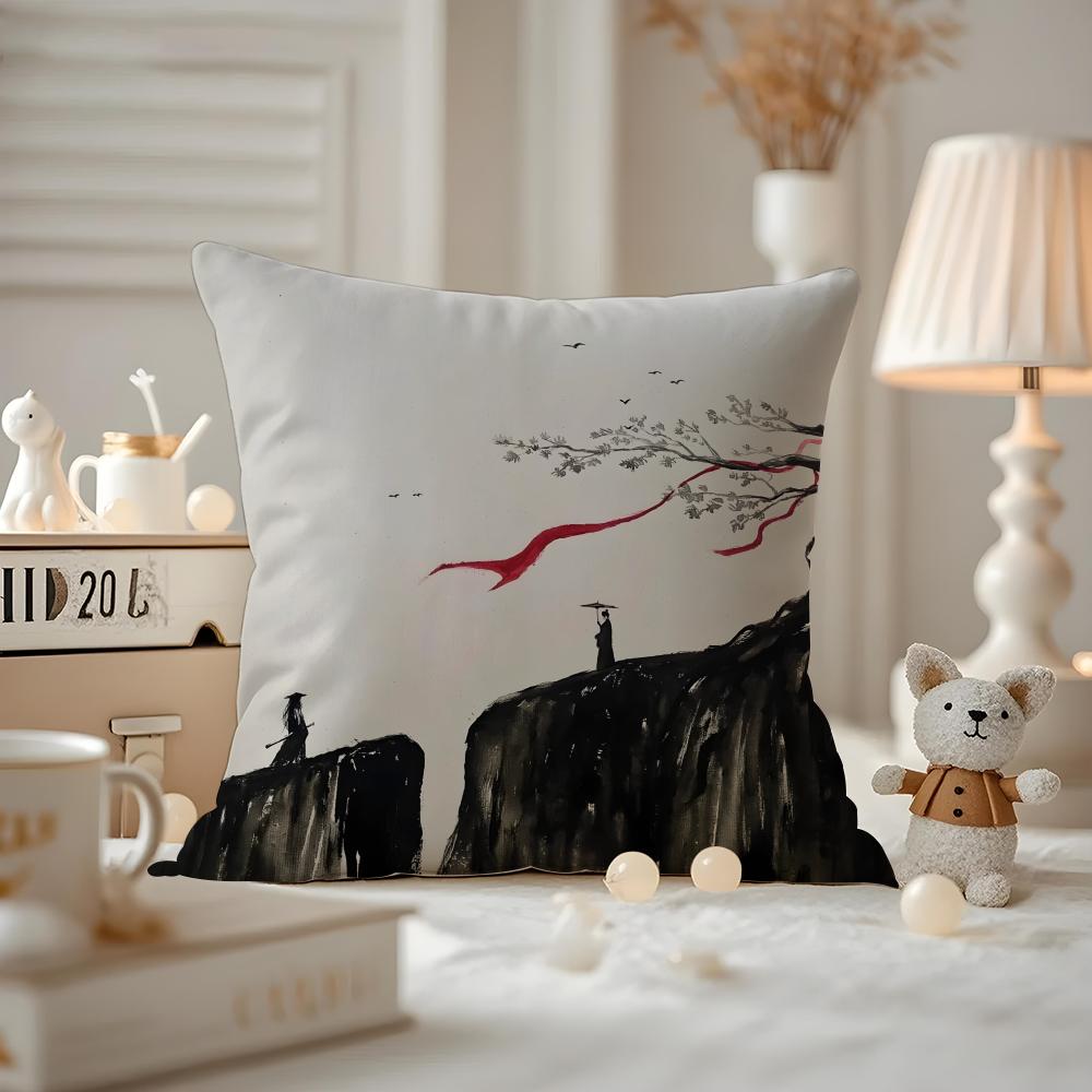 Chinese Ink Painting Style Cushion Cover Anti-dustmite Pillowcase Invisible Zipper Silky Short Plush Sofa Cushion Cover