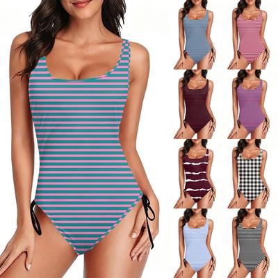 Women Swimsuit Scoop Neck Striped Print Bathing Suit Adjustable Side Tie Tank Swimwear for Beach Pool